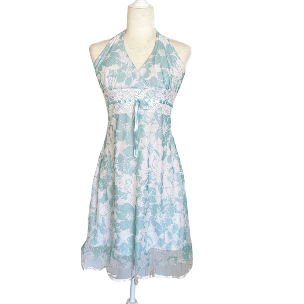 Vintage Finesse Y2K Fairycore Whimsical Floral Halter Lace Green Tulle dress